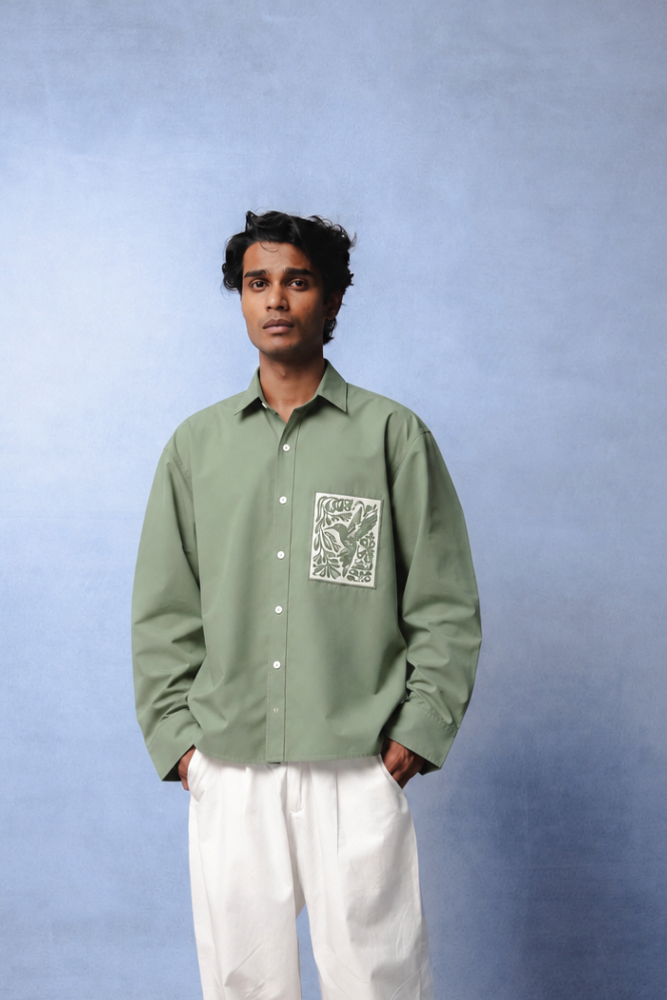 KIN OLIVE GREEN DYED SHIRT MEN
