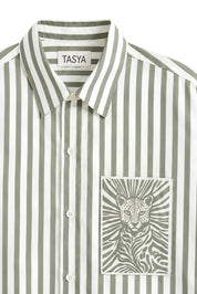 MARGO OLIVE GREEN STRIPE SHIRT WOMEN