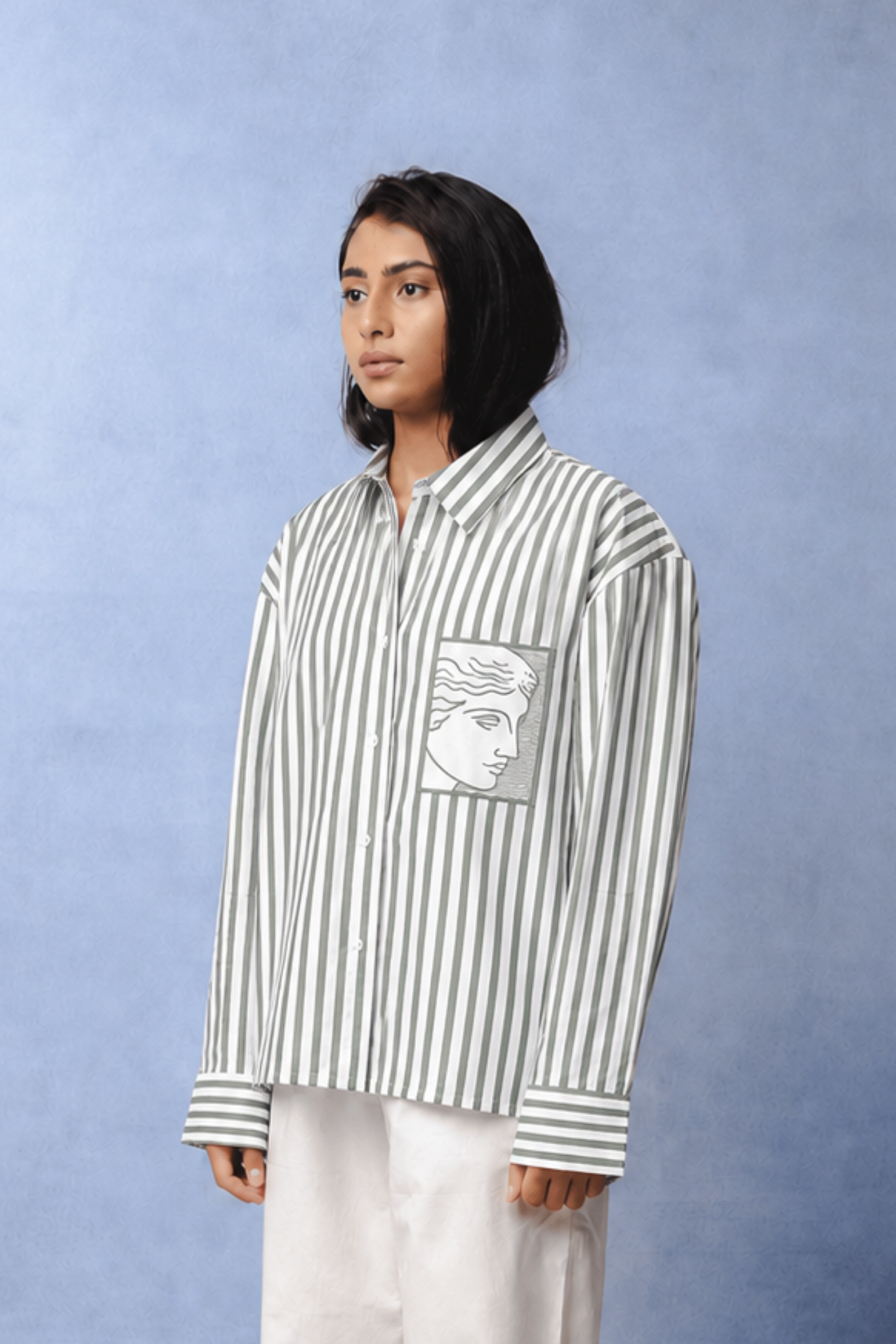 TIFFANY OLIVE GREEN STRIPE SHIRT WOMEN